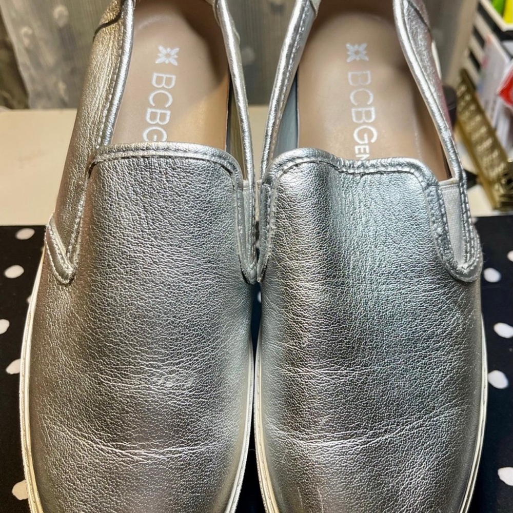 BCBG Metallic Silver Slip-On Loafers
